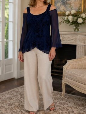 Sara Mique • Blue Burnout Velvet Cold Shoulder Blouse